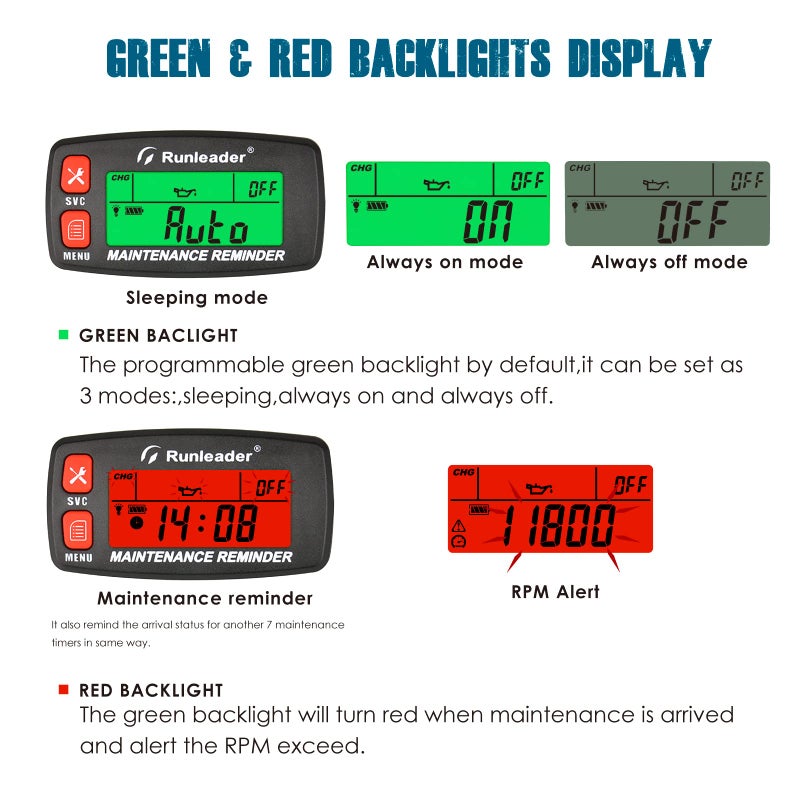Runleader Digital Maintenance Tach Hour Meter Gauge,RPM Alert,Backlight Display,Battery Replaceable,Used for Small Gas Engine, Works on Garden Tractor Motorcycle Generator Snowmobile Chainsaw Marine. - Image 4